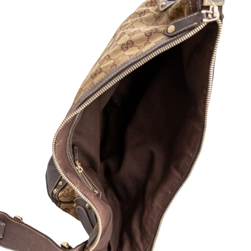 Gucci GG Canvas Pelham Horsebit Studded Hobo Bag Web Strap 153691 Brown